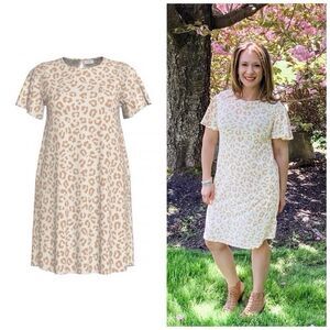 LulaRoe Roselyn Smocked Flutter Sleeved Knit Dress XS 2-4 Beige Cheetah Pockets